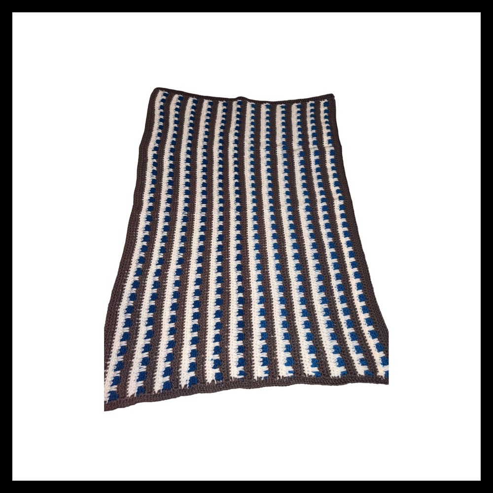 Handmade Crochet Blanket Toddler Baby Child Cozy Stripes Blue White Gray